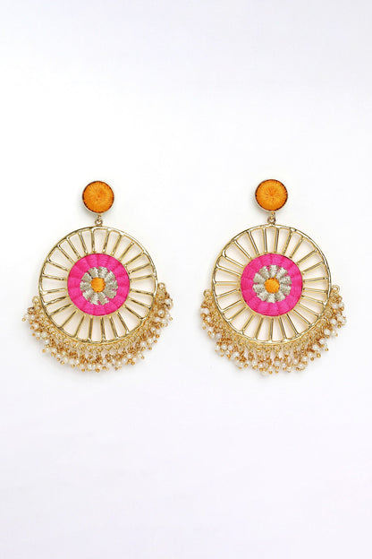 Hibiscus Thread Embroidered Circular Earrings 