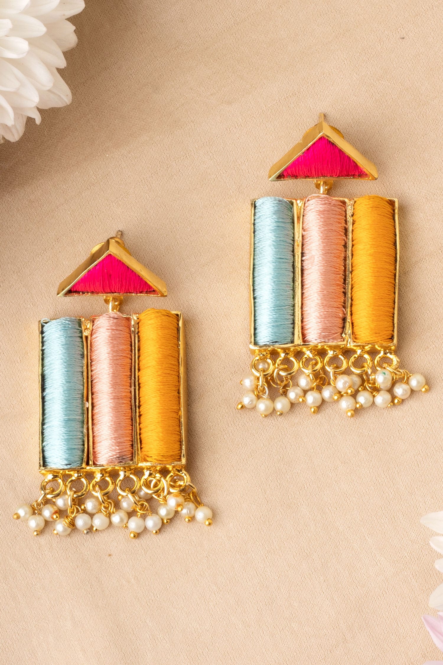 Geometric Pearl Thread Danglers 