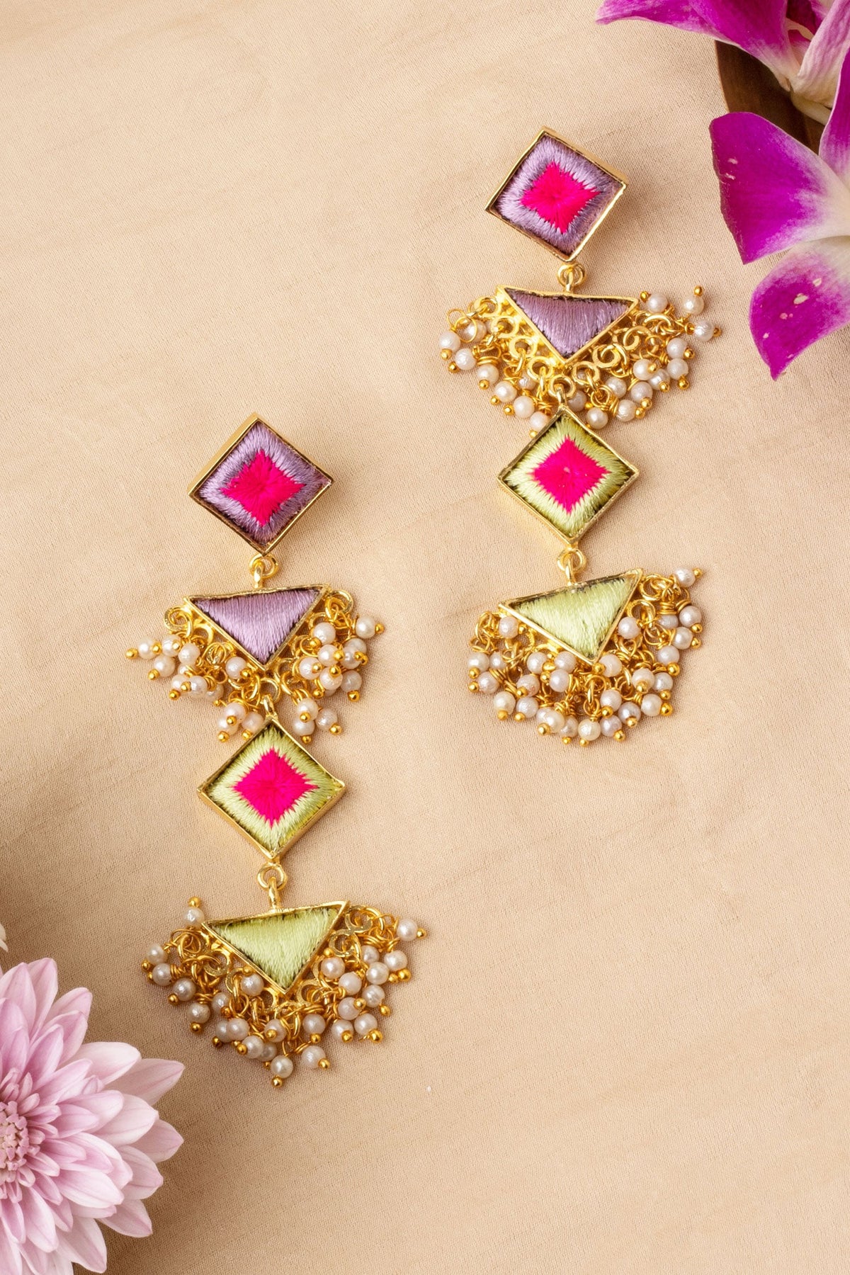 Opal Hibiscus Embroidered Tiered Earrings 