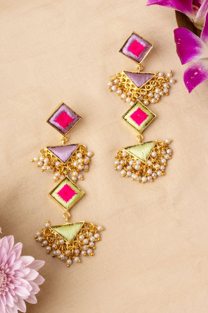 Opal Hibiscus Embroidered Tiered Earrings 