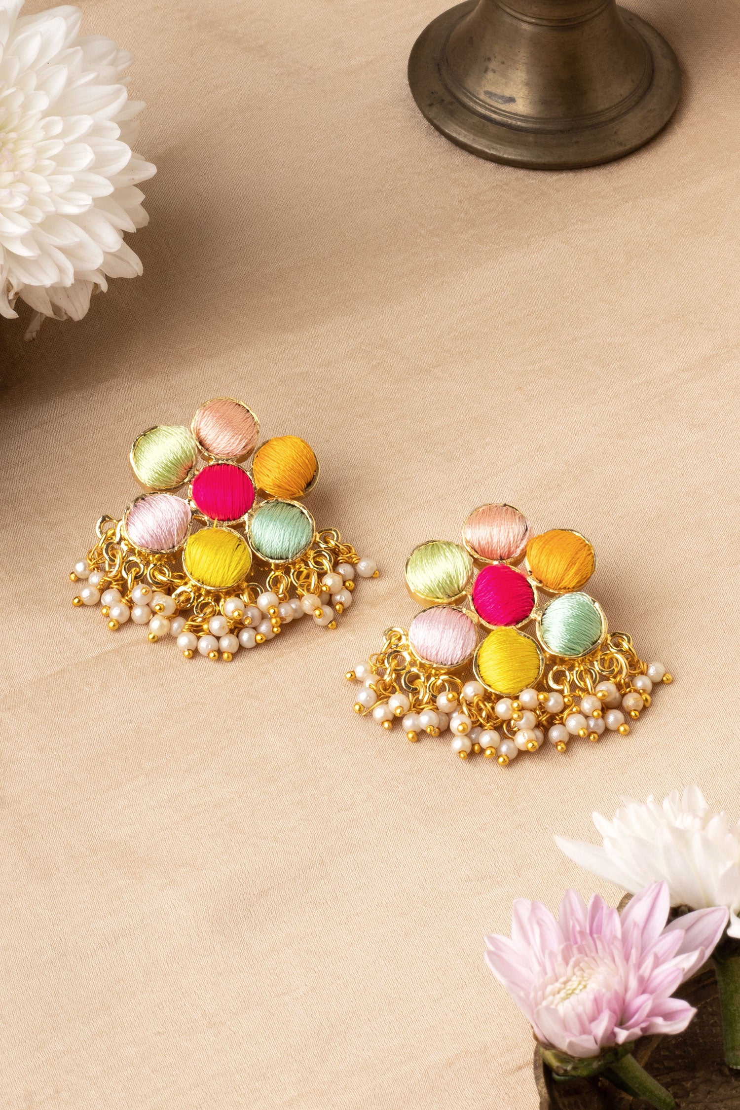 Floral Thread Embroidered Stud Earrings 