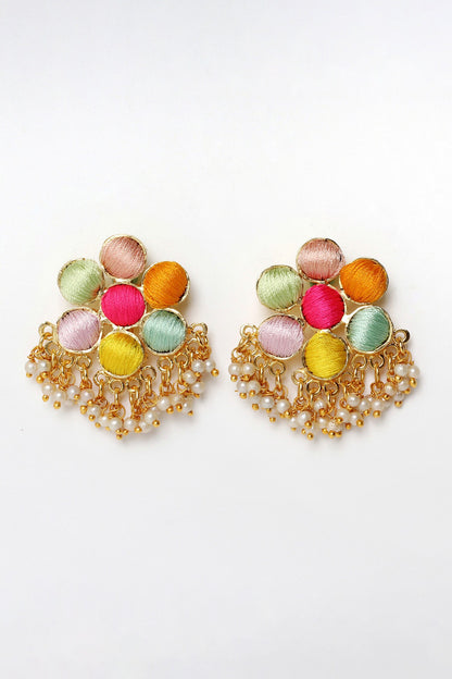 Floral Thread Embroidered Stud Earrings 