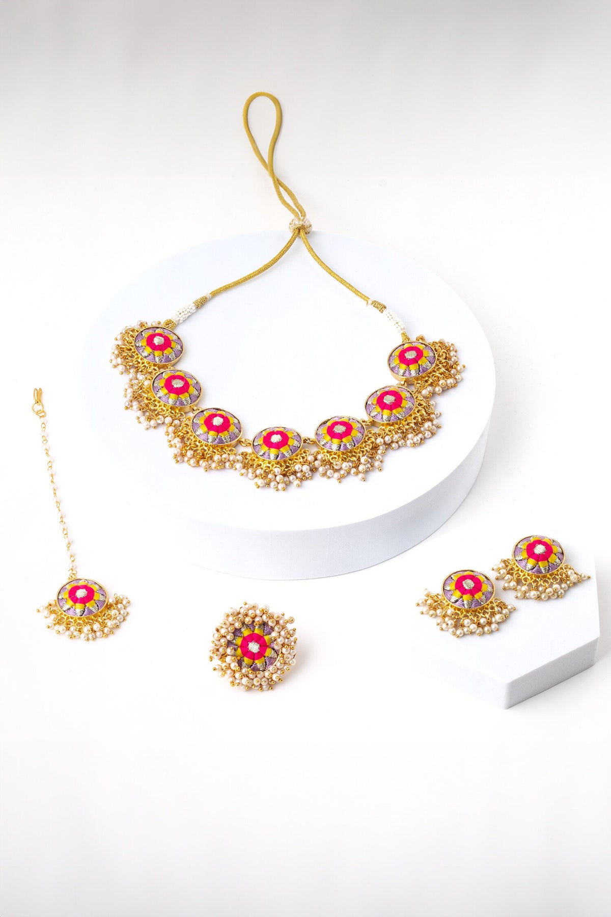 Multicolor Silk Thread Embroidered Necklace Set 