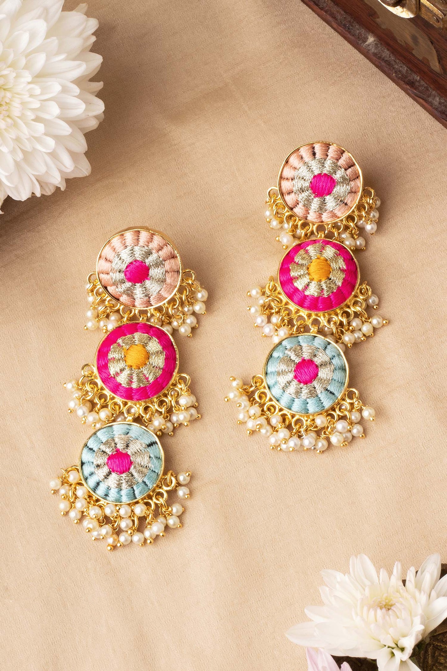 3 Tier Zari Circular Dangler Earrings 