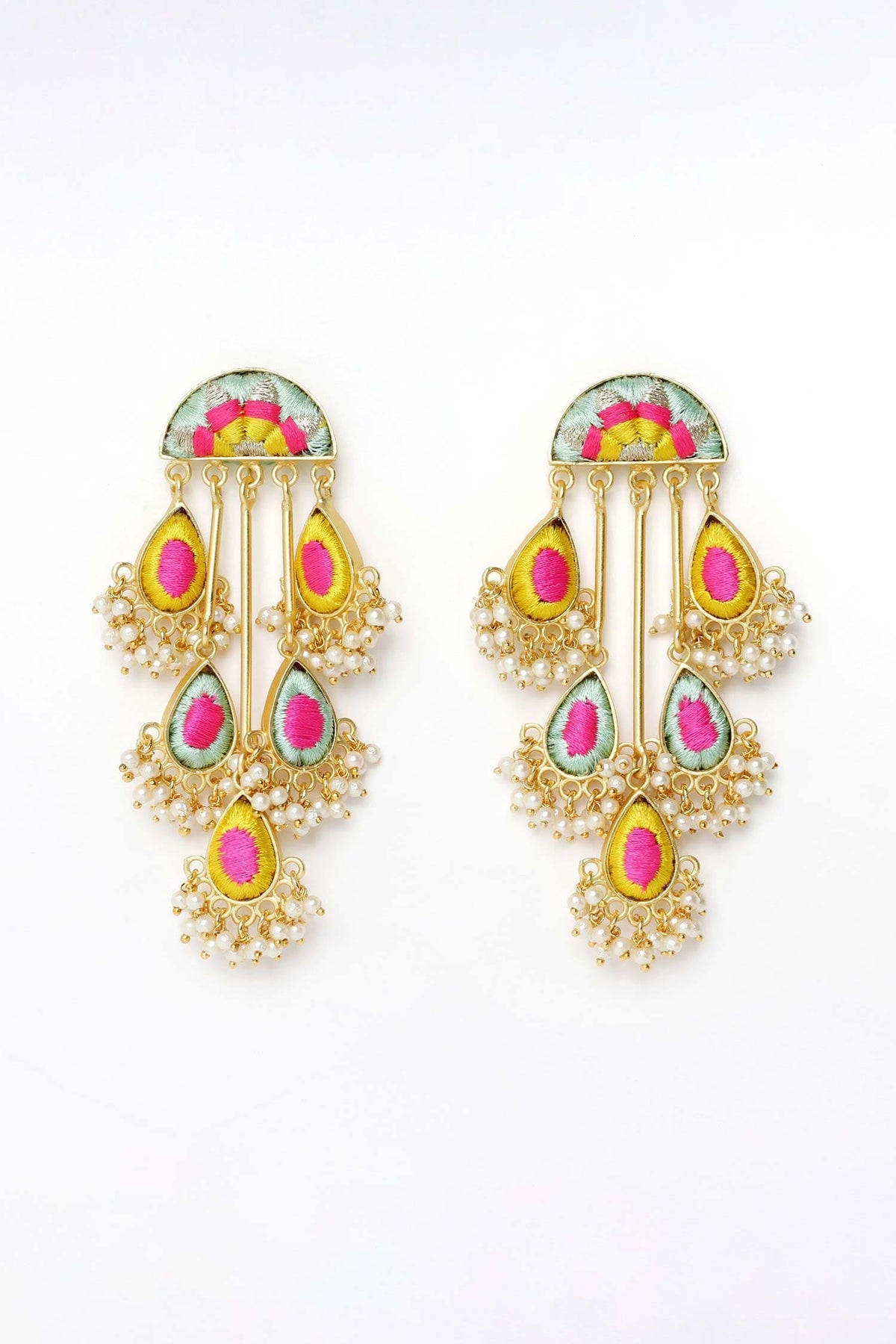 Semi Circular Dangling Earrings Pearl & Thread 