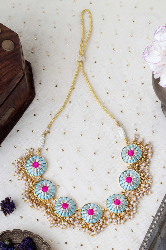 Lotus Circular Motif Pearl Embellished Necklace 
