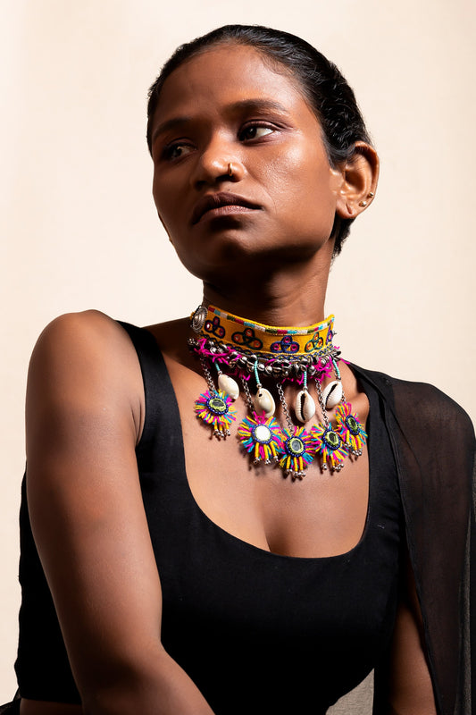 Bhaila Embroidered Mirror Tassel Choker 