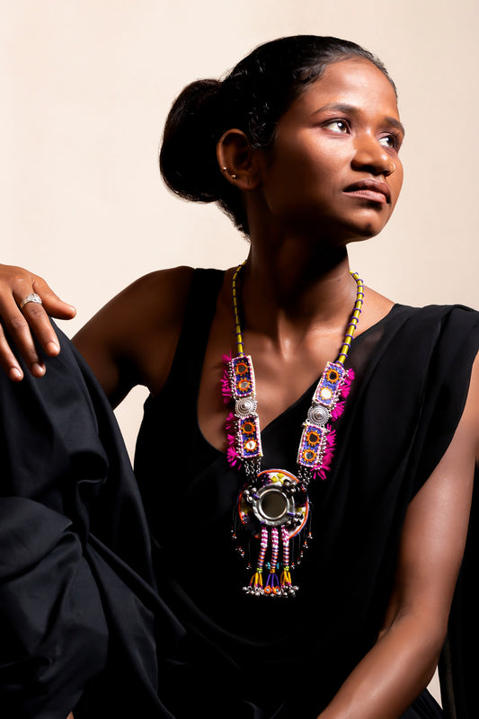 Dhaandhdu Mirror Embellished Pendant Necklace 