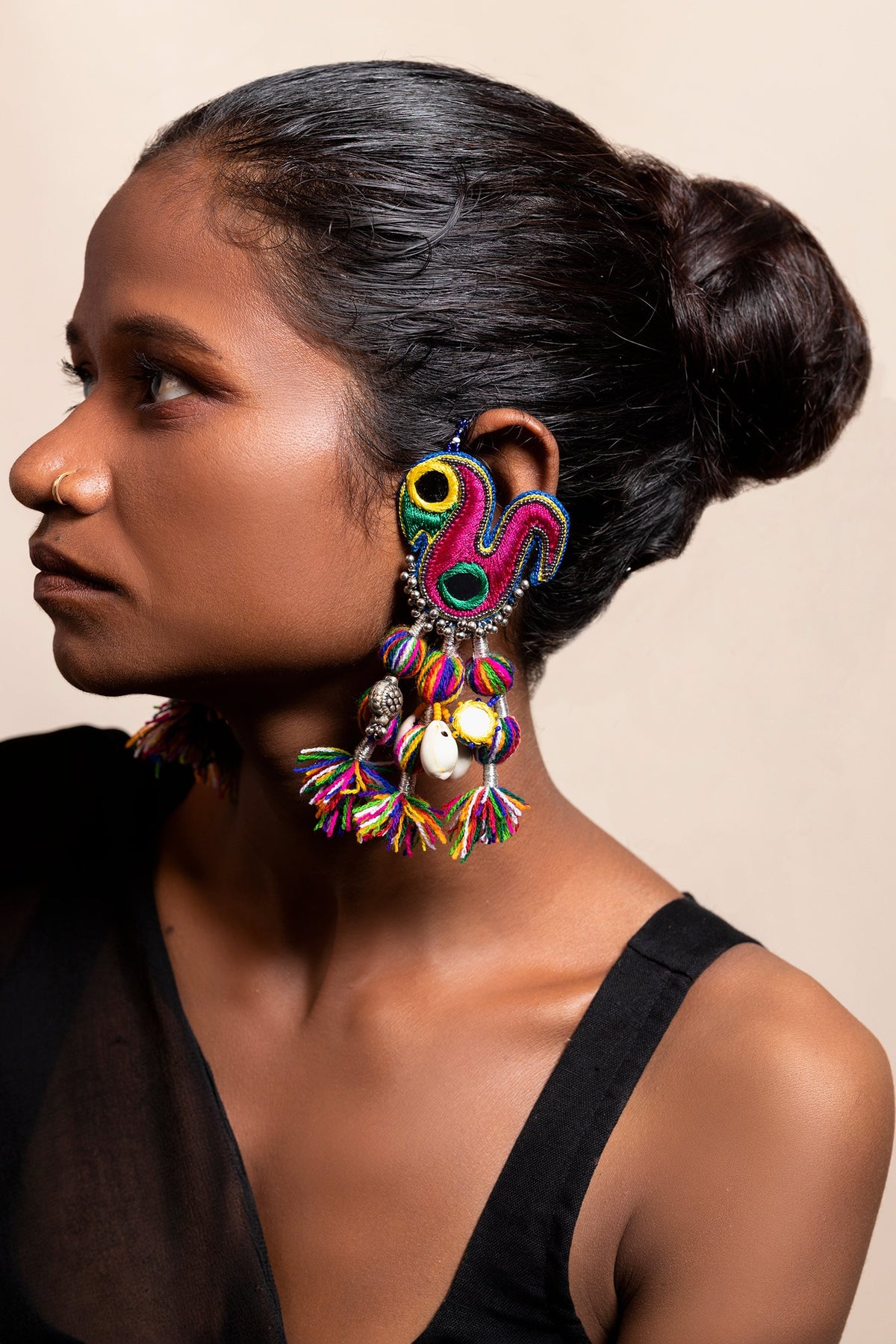 Ghoghhi Peacock Embroidered Tassel Earrings 