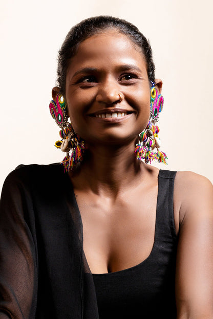Ghoghhi Peacock Embroidered Tassel Earrings 