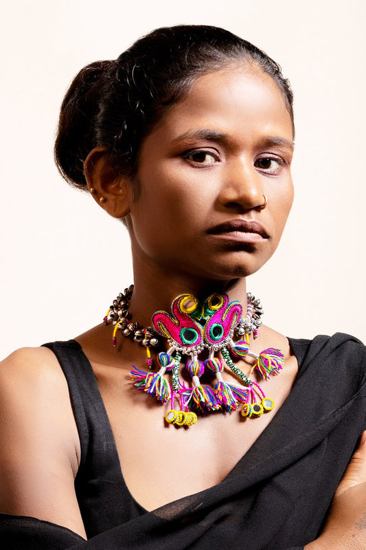 Bhenkda Peacock Embroidered Tassel Choker 