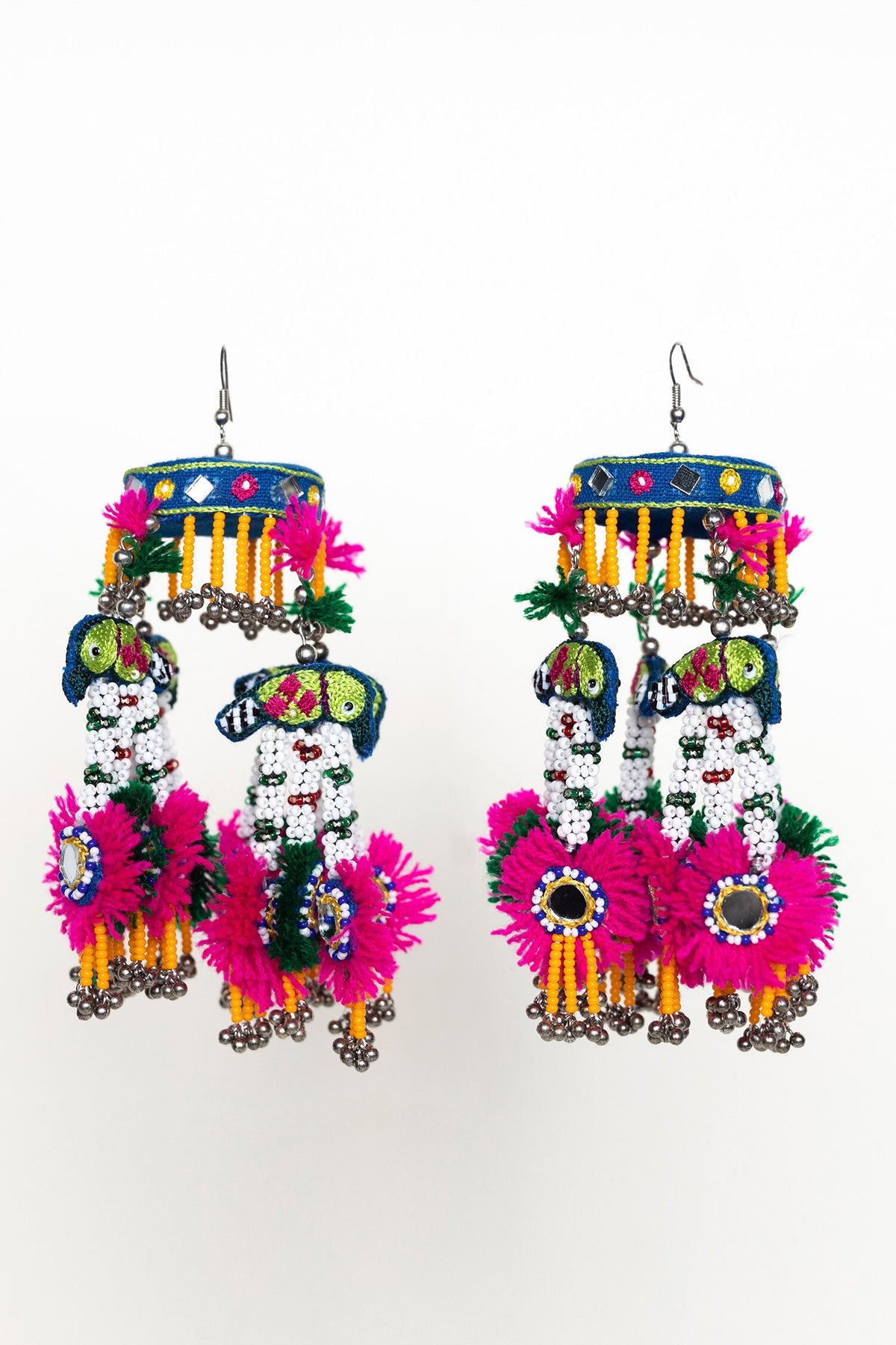 Tabariyo Parrot Embroidered Tassel Earrings 