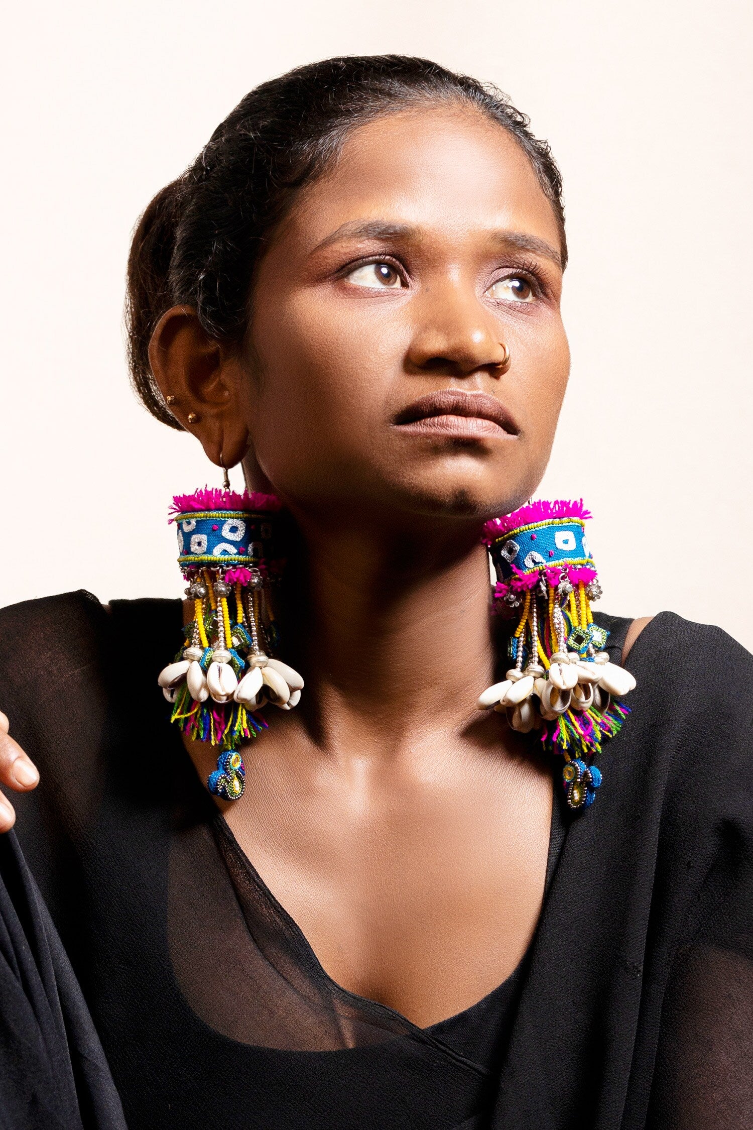 Barabar Che Embroidered Shell Tassel Earrings 