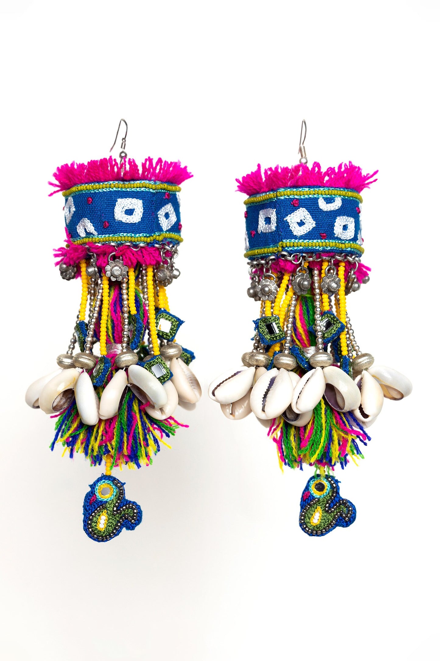 Barabar Che Embroidered Shell Tassel Earrings 