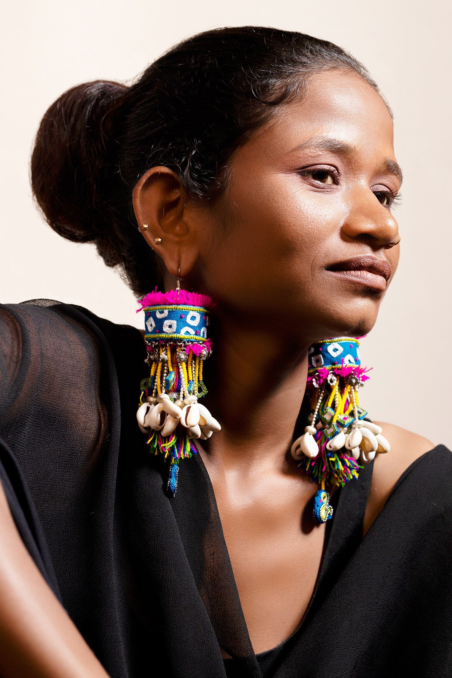 Barabar Che Embroidered Shell Tassel Earrings 