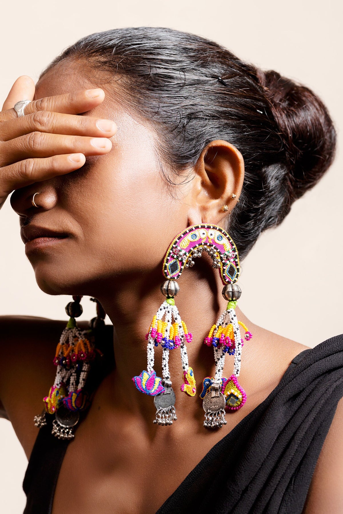 Mindhi Thread Embroidered Coin Tassel Earrings 