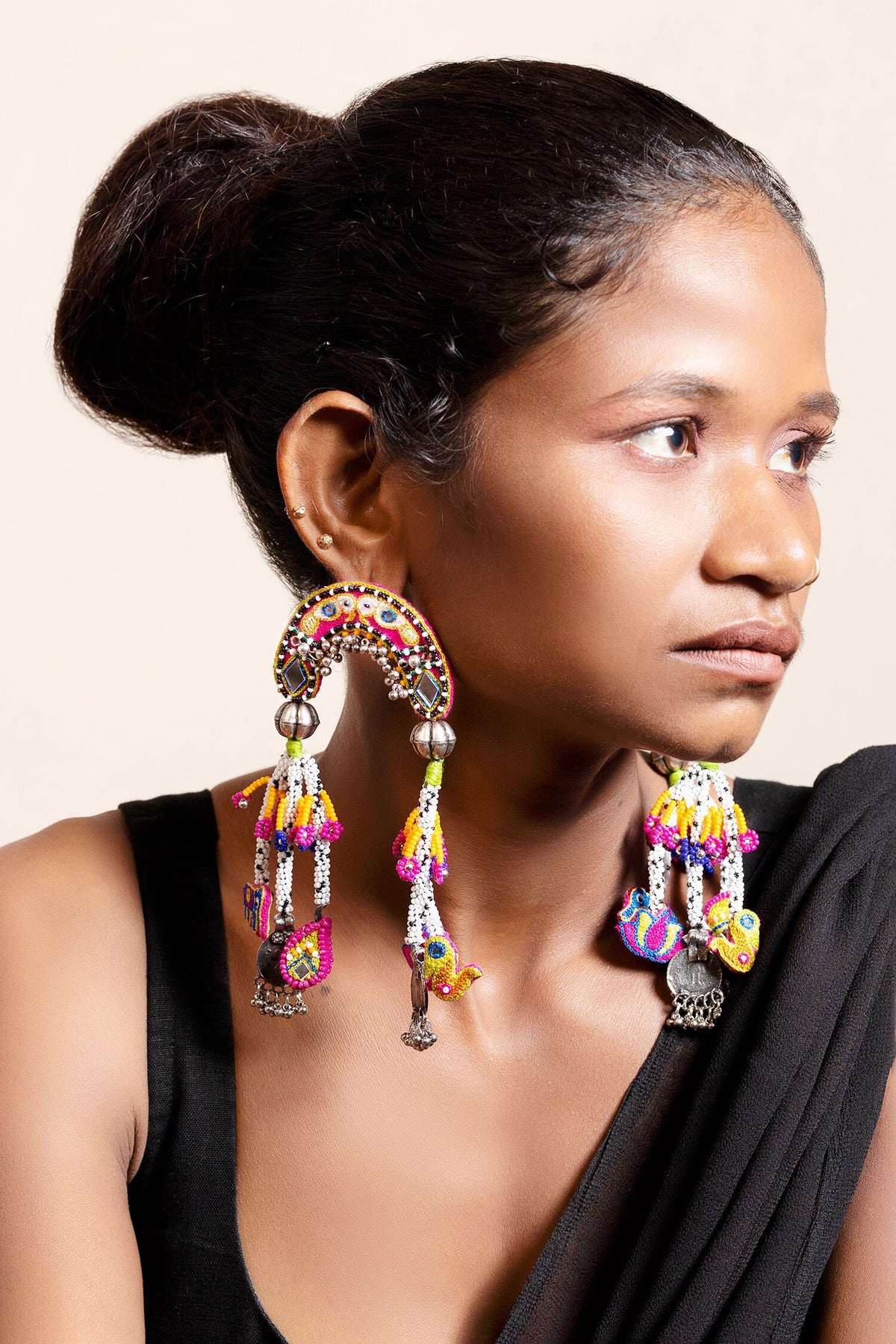Mindhi Thread Embroidered Coin Tassel Earrings 