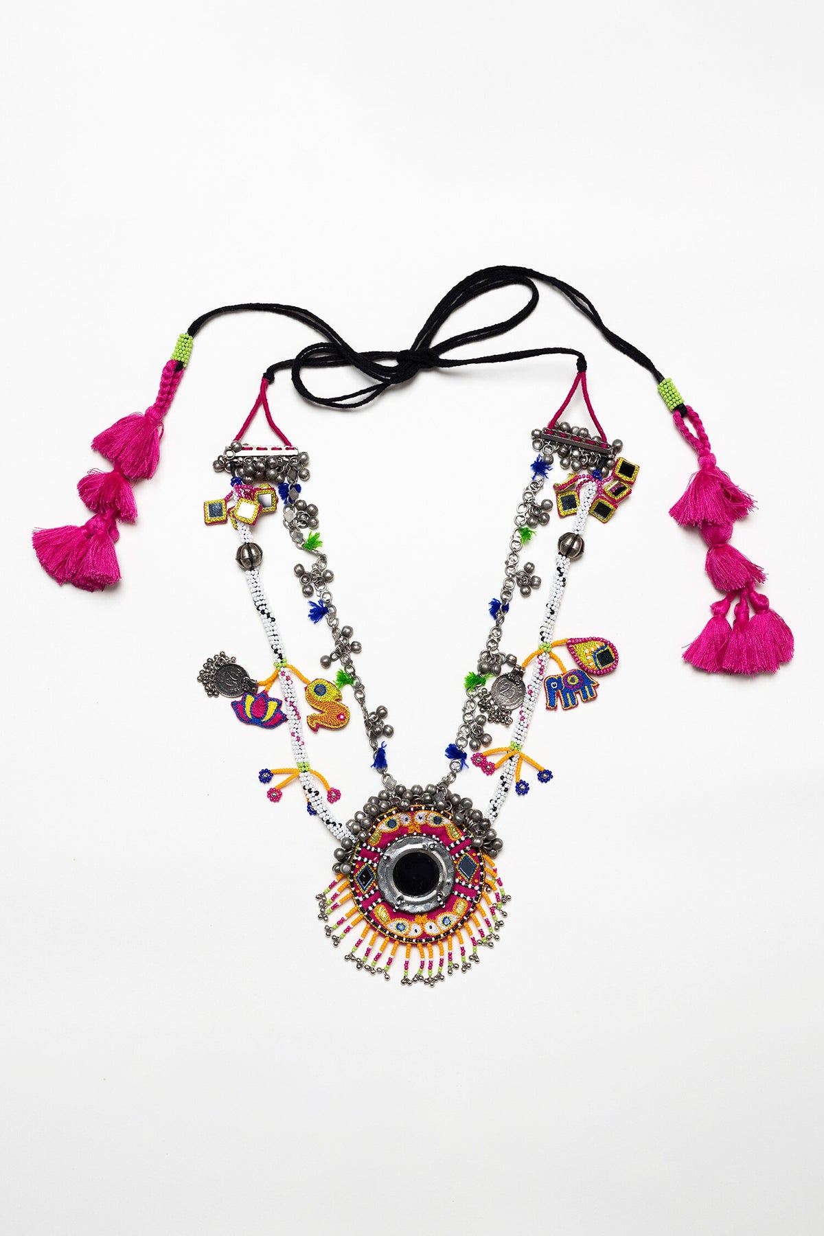 Dhampachada Mirror Embellished Tassel Pendant Necklace 