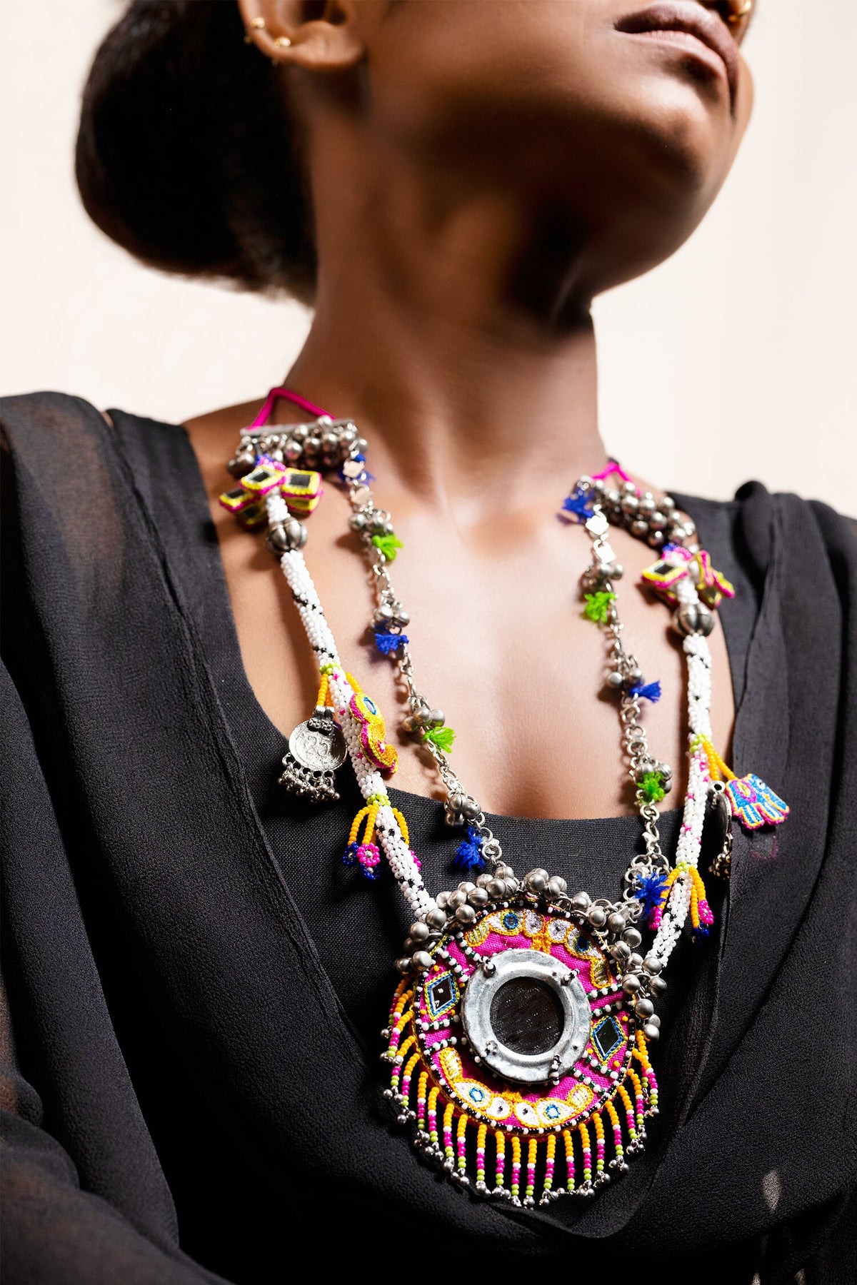 Dhampachada Mirror Embellished Tassel Pendant Necklace 