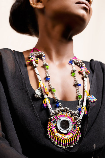 Dhampachada Mirror Embellished Tassel Pendant Necklace 