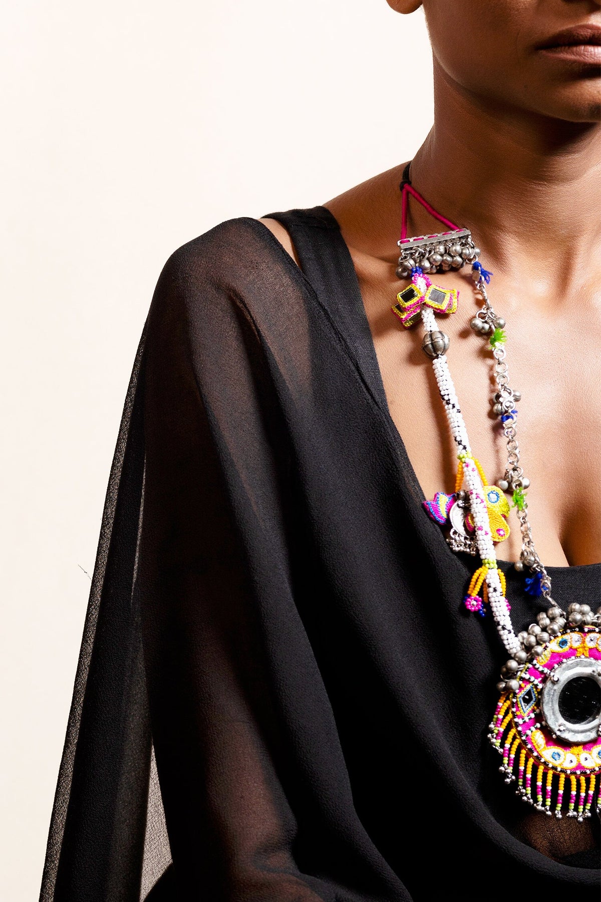Dhampachada Mirror Embellished Tassel Pendant Necklace 