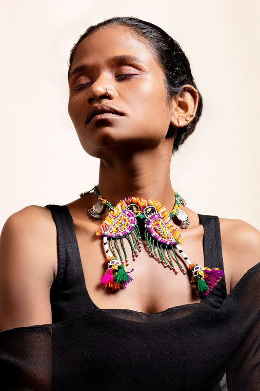 Vaydo Embroidered Parrot Tassel Choker 