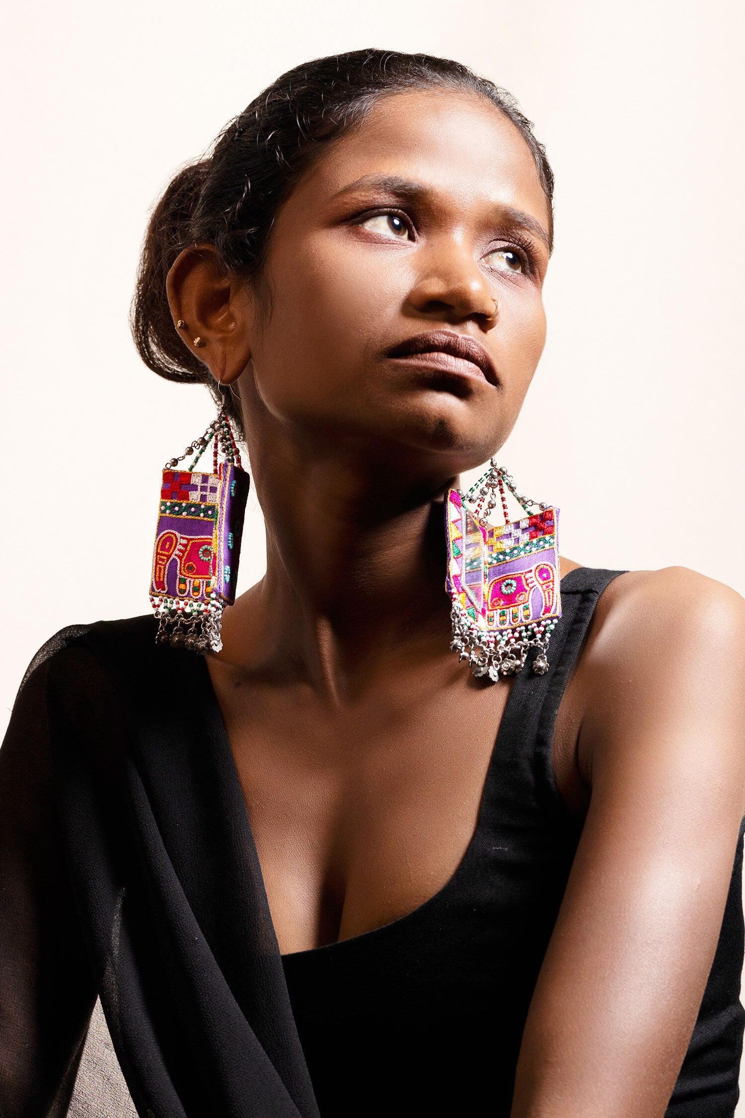 Elephant Thread Bead Tassel Square Earrings 