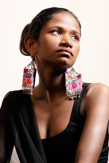 Elephant Thread Bead Tassel Square Earrings 