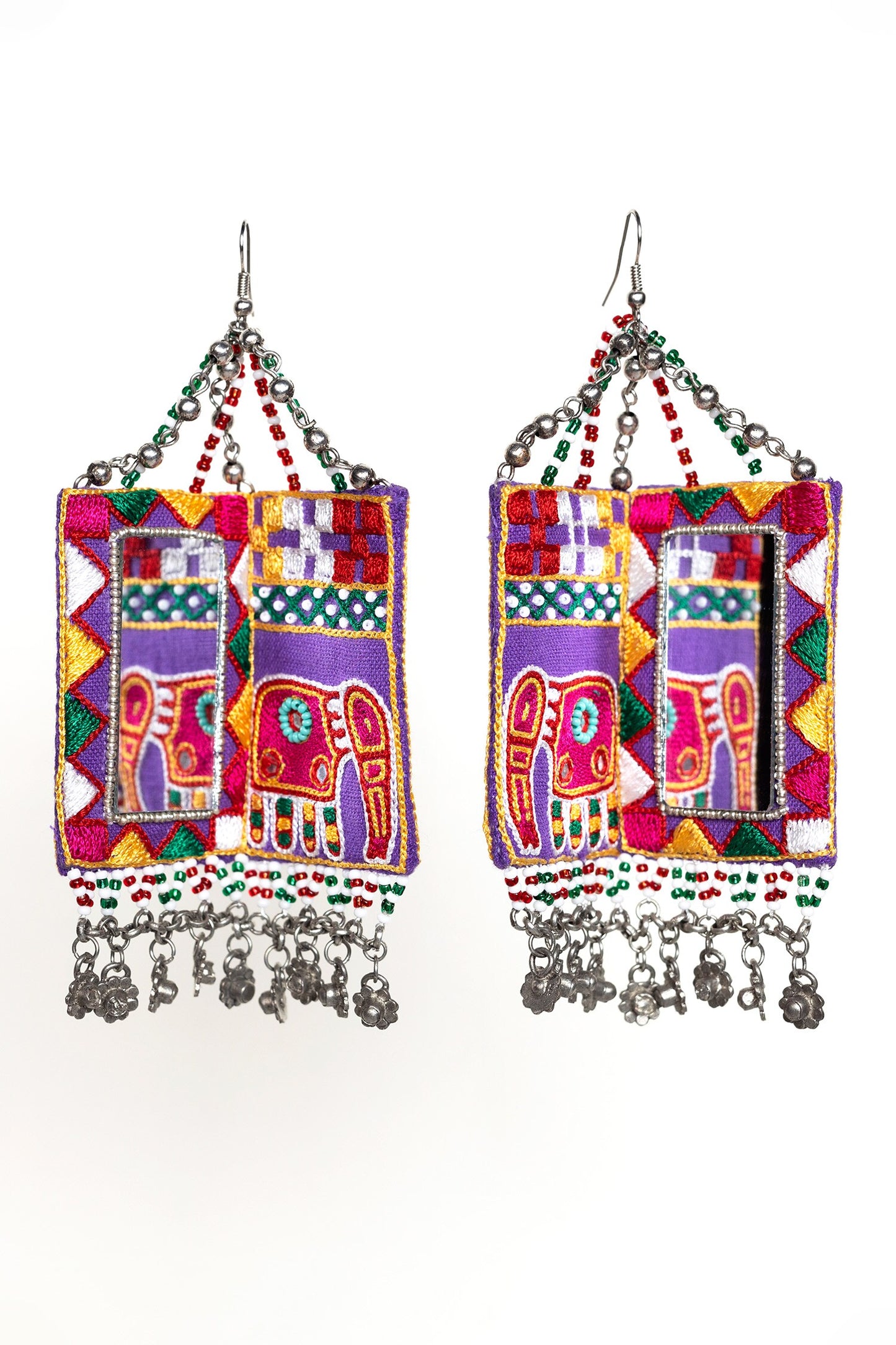 Elephant Thread Bead Tassel Square Earrings 
