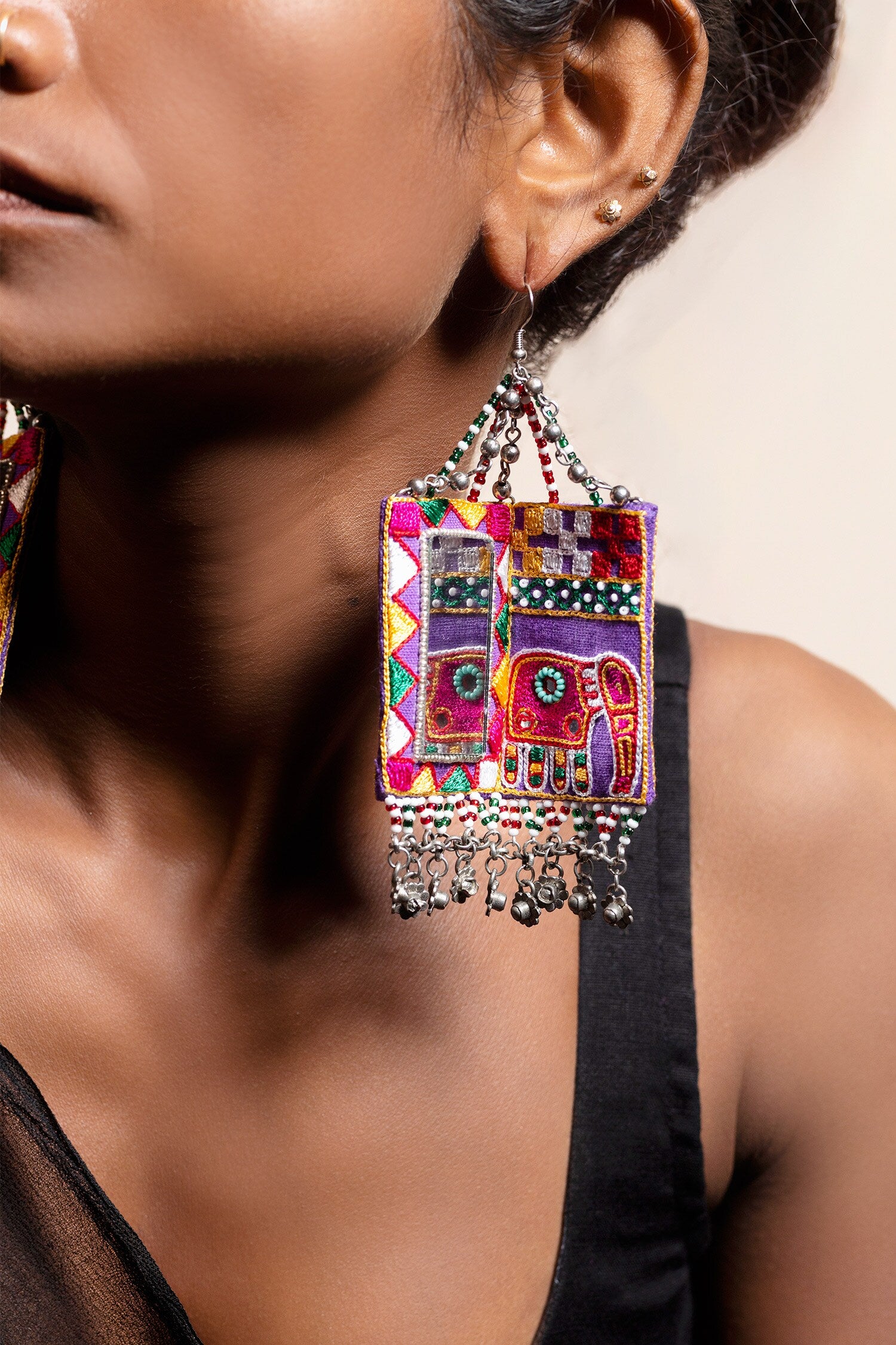 Elephant Thread Bead Tassel Square Earrings 