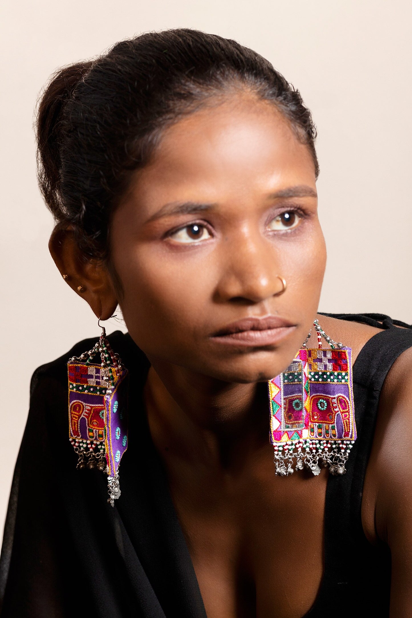 Elephant Thread Bead Tassel Square Earrings 