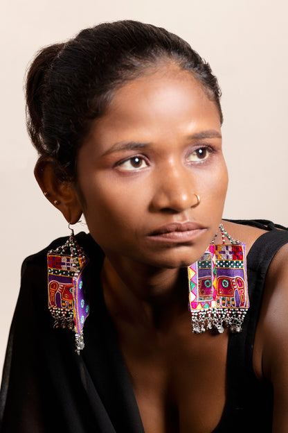 Elephant Thread Bead Tassel Square Earrings 