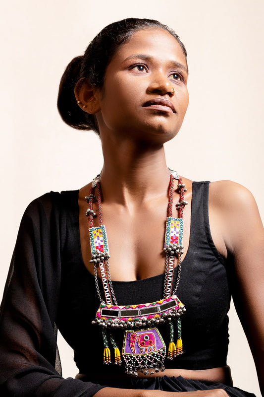 Panchaat Elephant Embroidered Strand Necklace 