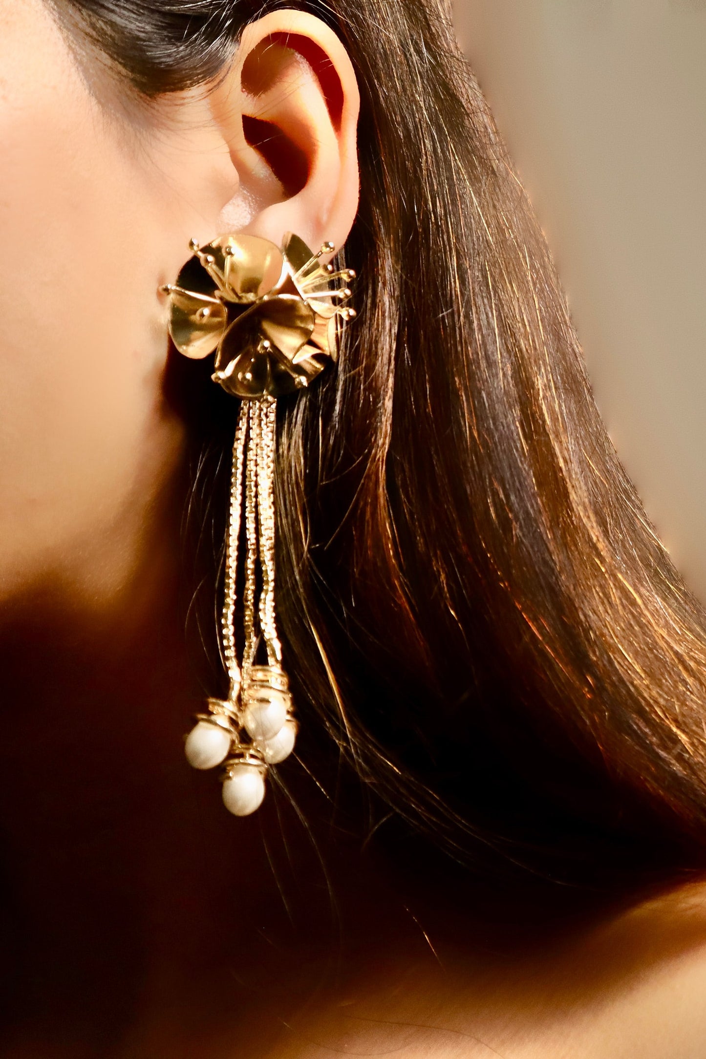3D Floral Pearl Dangler Earrings 