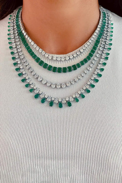 Four Layered Diamond Emerald Setting Necklace Set 