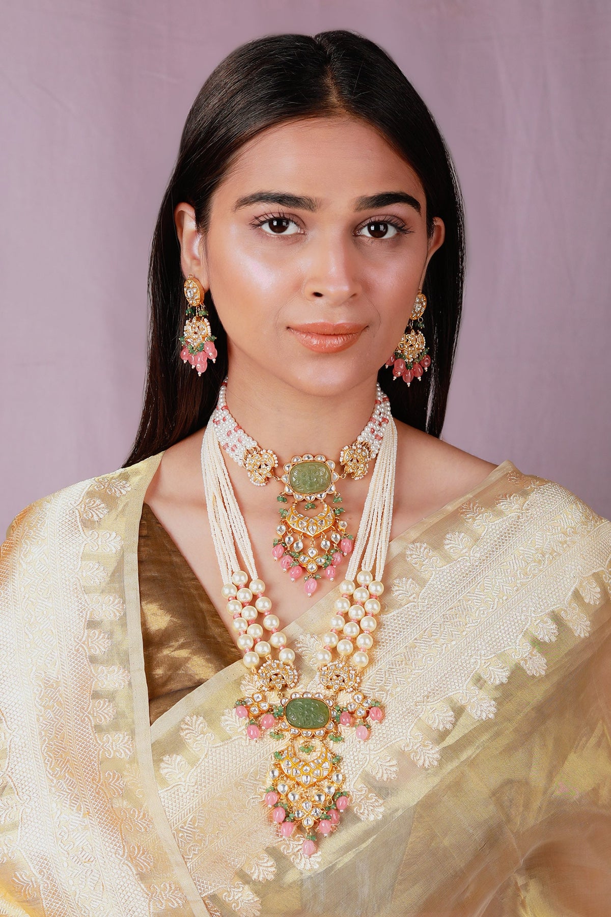 Blossom Jadau Kundan & Stone Embellished Choker & Long Necklace Set 