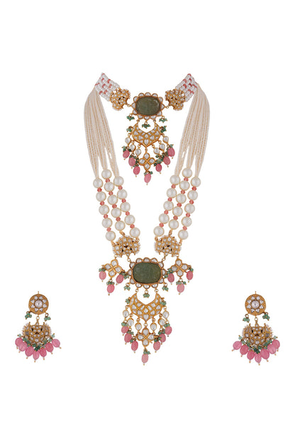 Blossom Jadau Kundan & Stone Embellished Choker & Long Necklace Set 