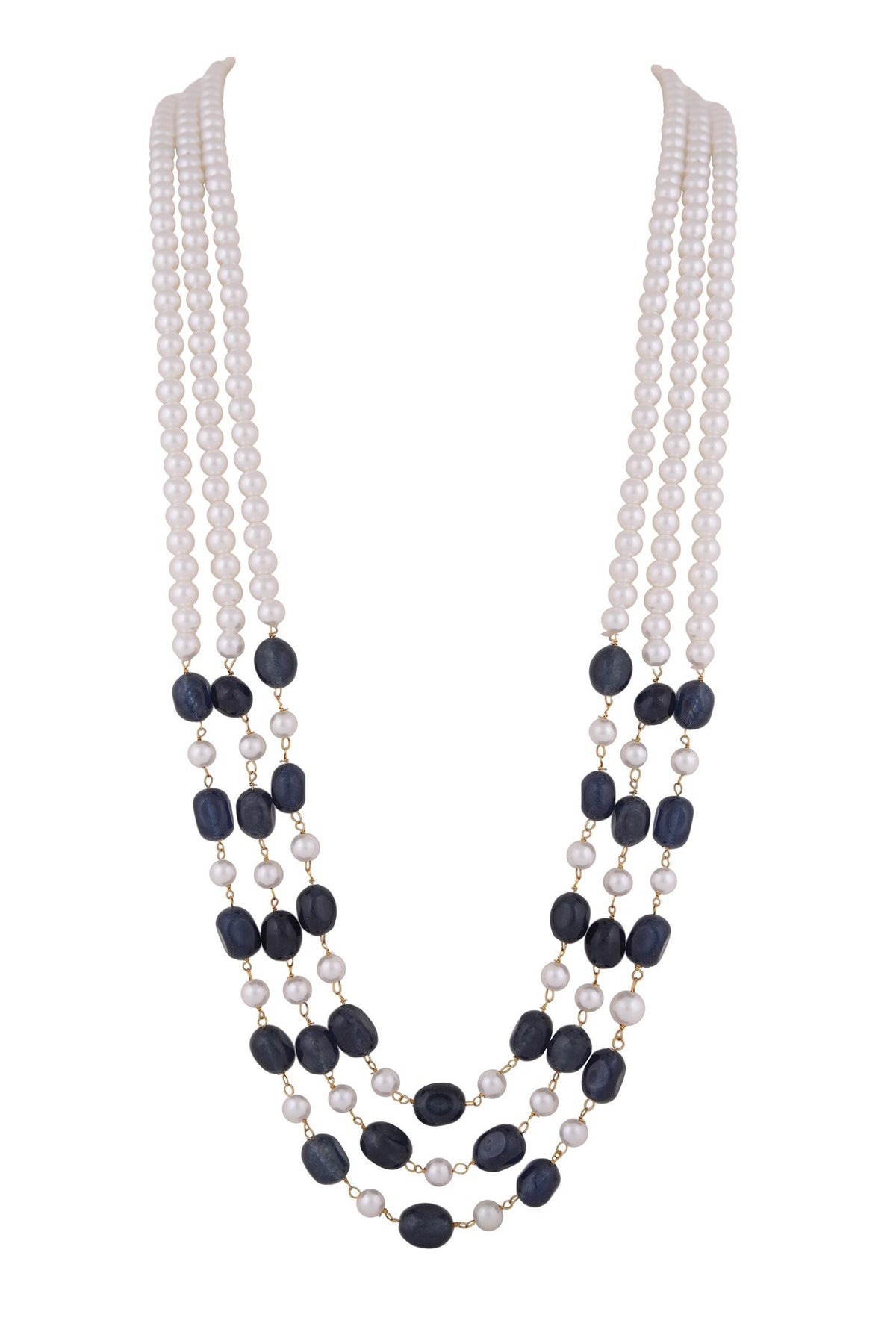 Sapphire Gemstone & Pearl Embellished Long Mala Necklace 