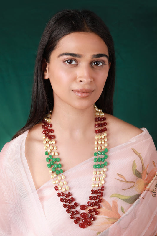 Jade Stone & Bead Embellished Long Layered Mala Necklace 