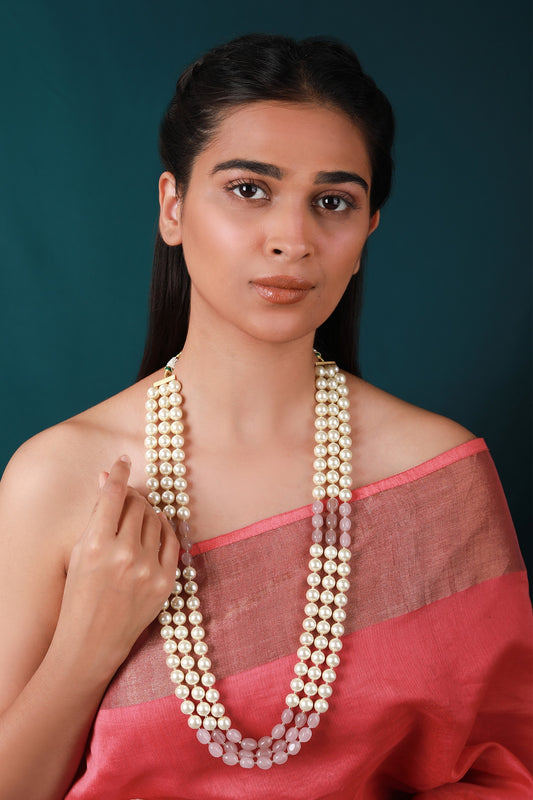 Pearl & Bead Embellished Long Layered Mala Necklace 
