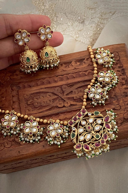Floral Carved Kundan Necklace Set 
