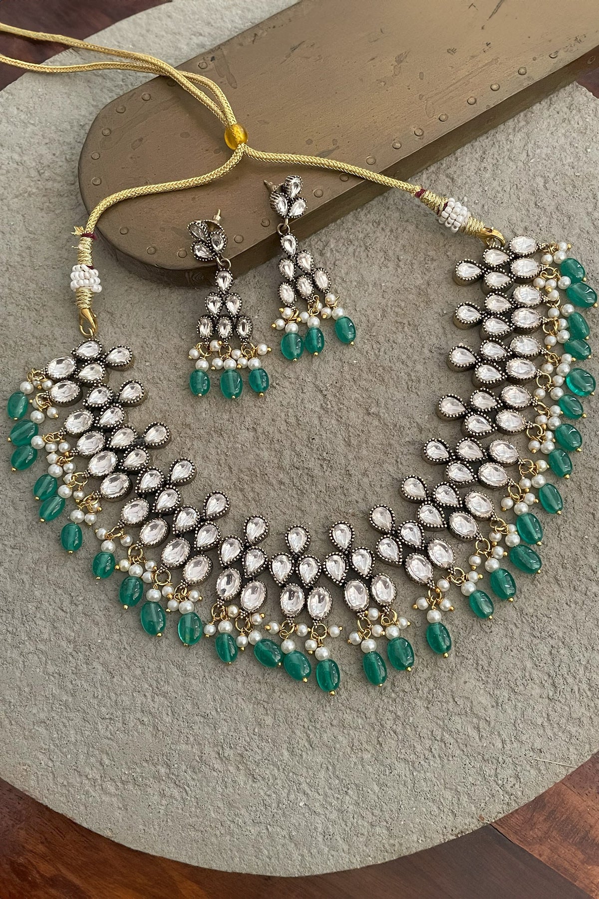 Amaira Emerald Polki Embellished Necklace Set 