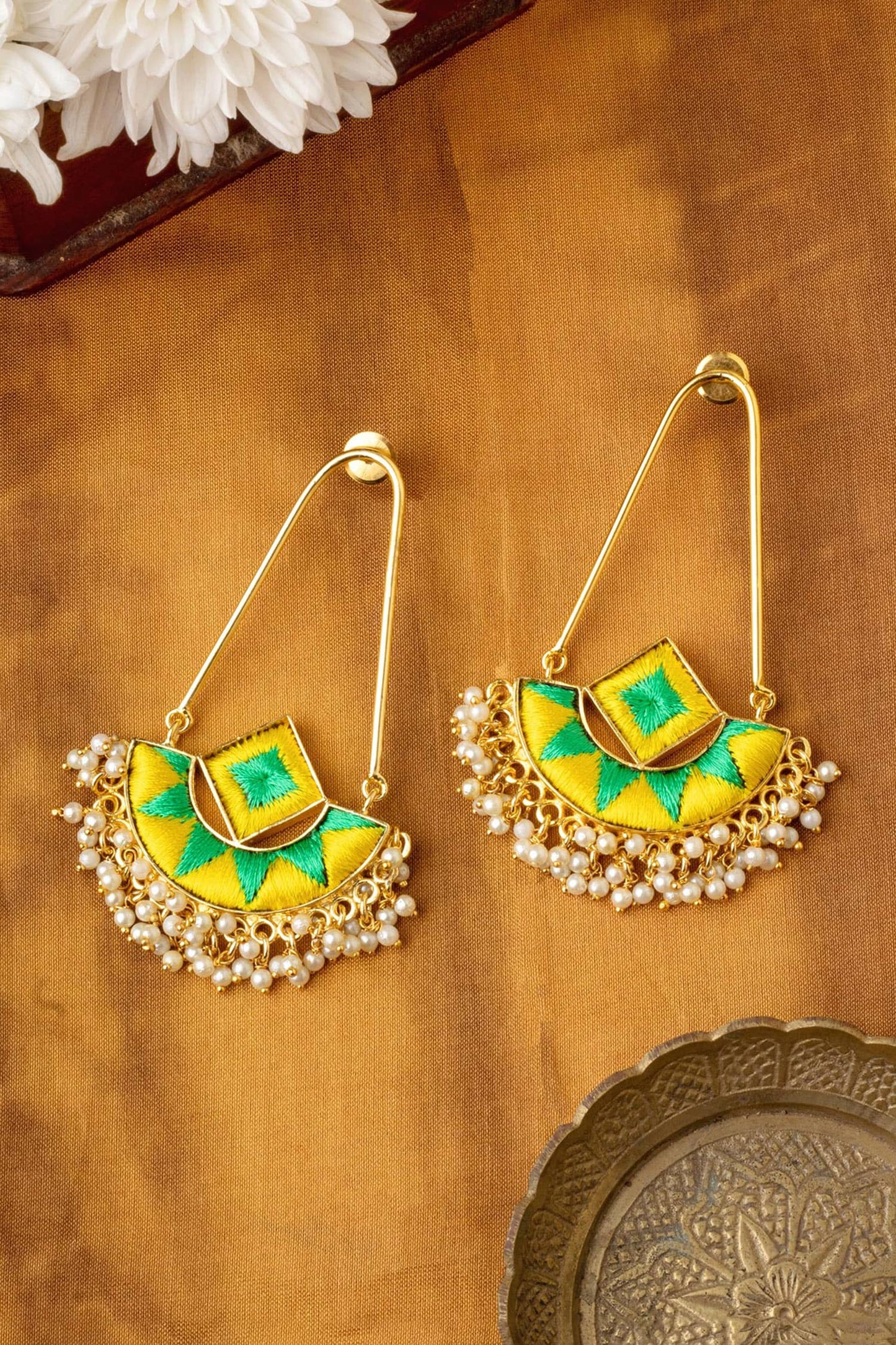 Embroidered Pearl Tassel Bali Drop Earrings 