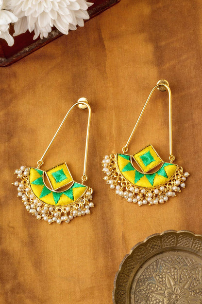 Embroidered Pearl Tassel Bali Drop Earrings 