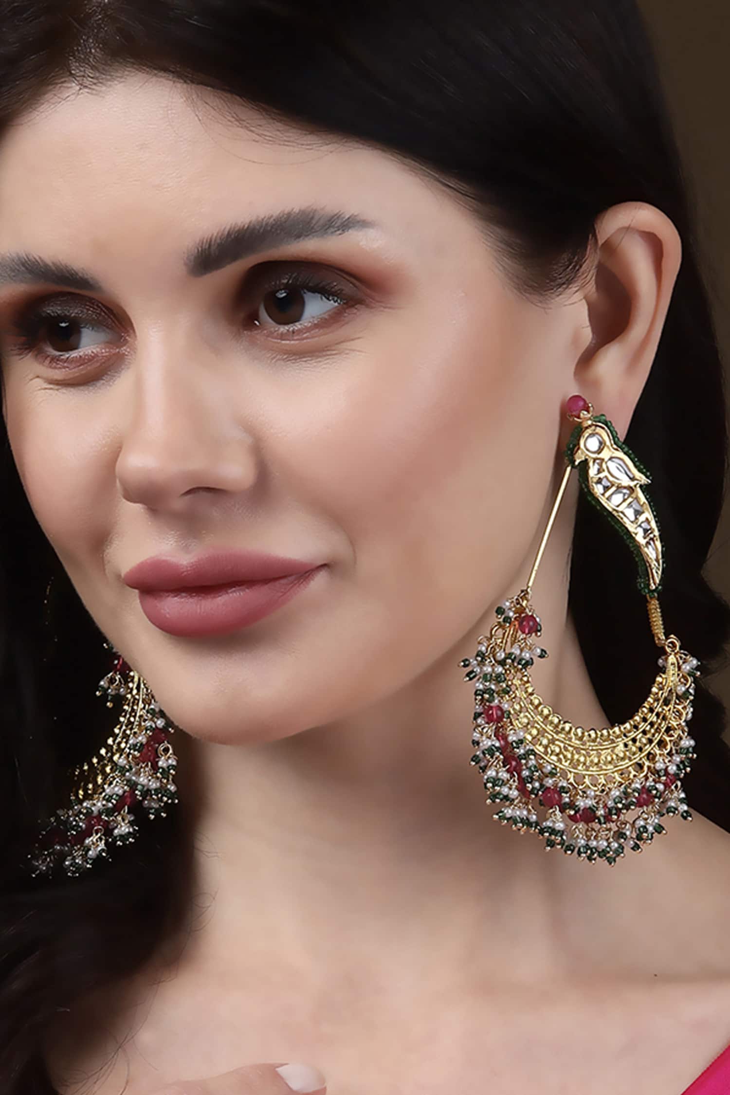 Rosa Kundan Embellished Parrot Crescent Chandbalis 