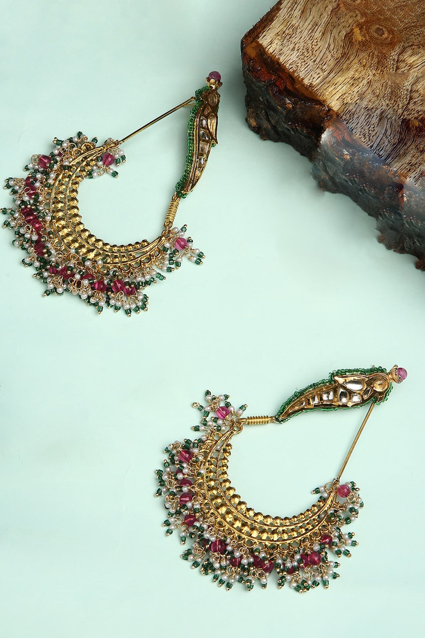 Rosa Kundan Embellished Parrot Crescent Chandbalis 