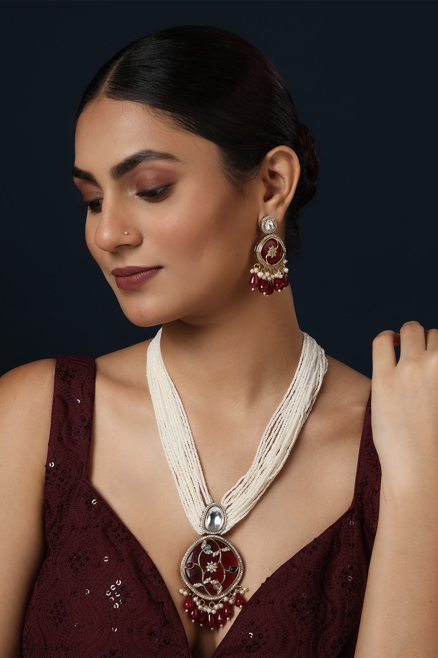 Stone Studded Pearl Multi Long Necklace Set 