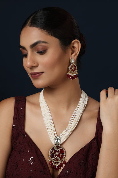 Stone Studded Pearl Multi Long Necklace Set 