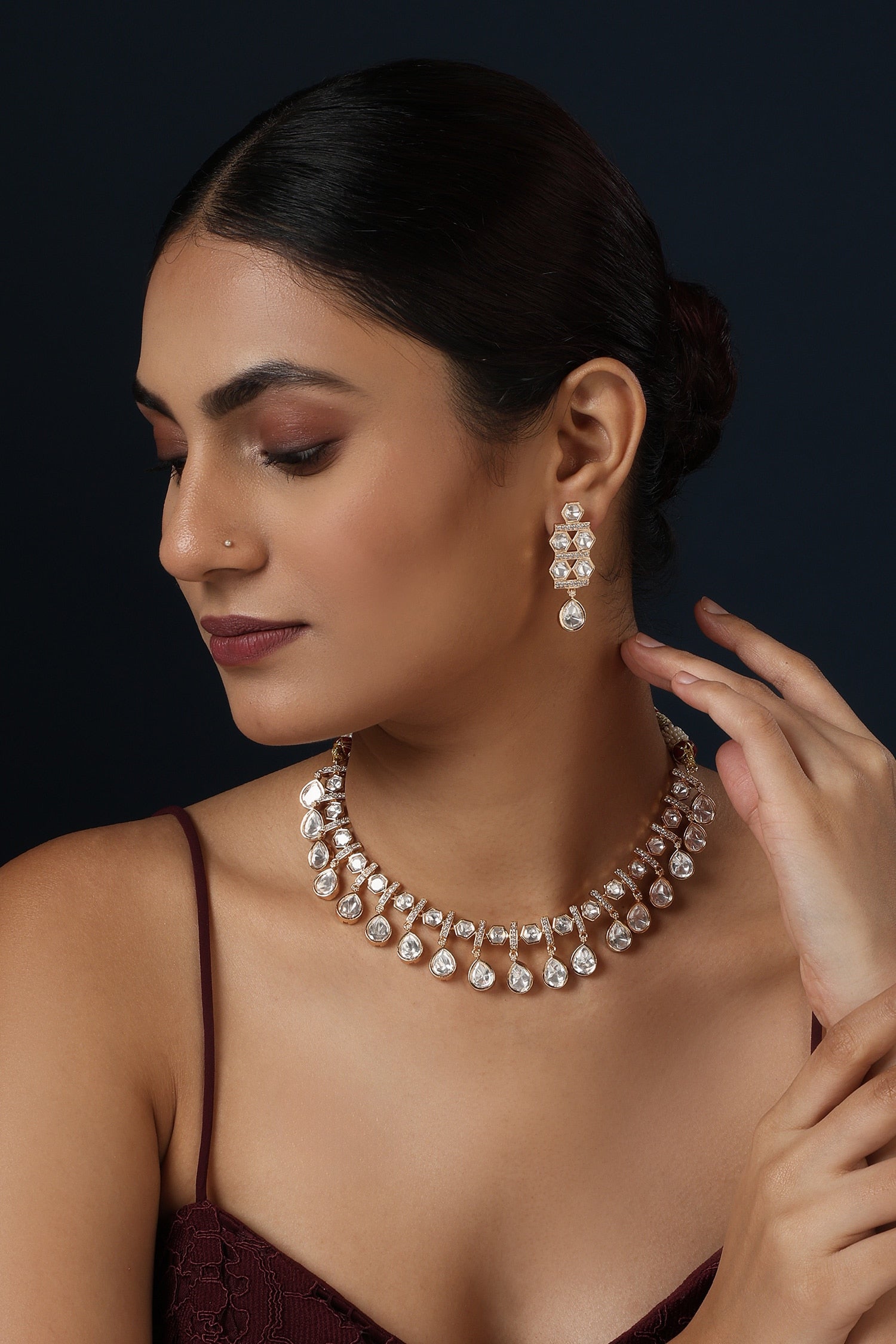 Polki Studded Geometric Bar Necklace Set 