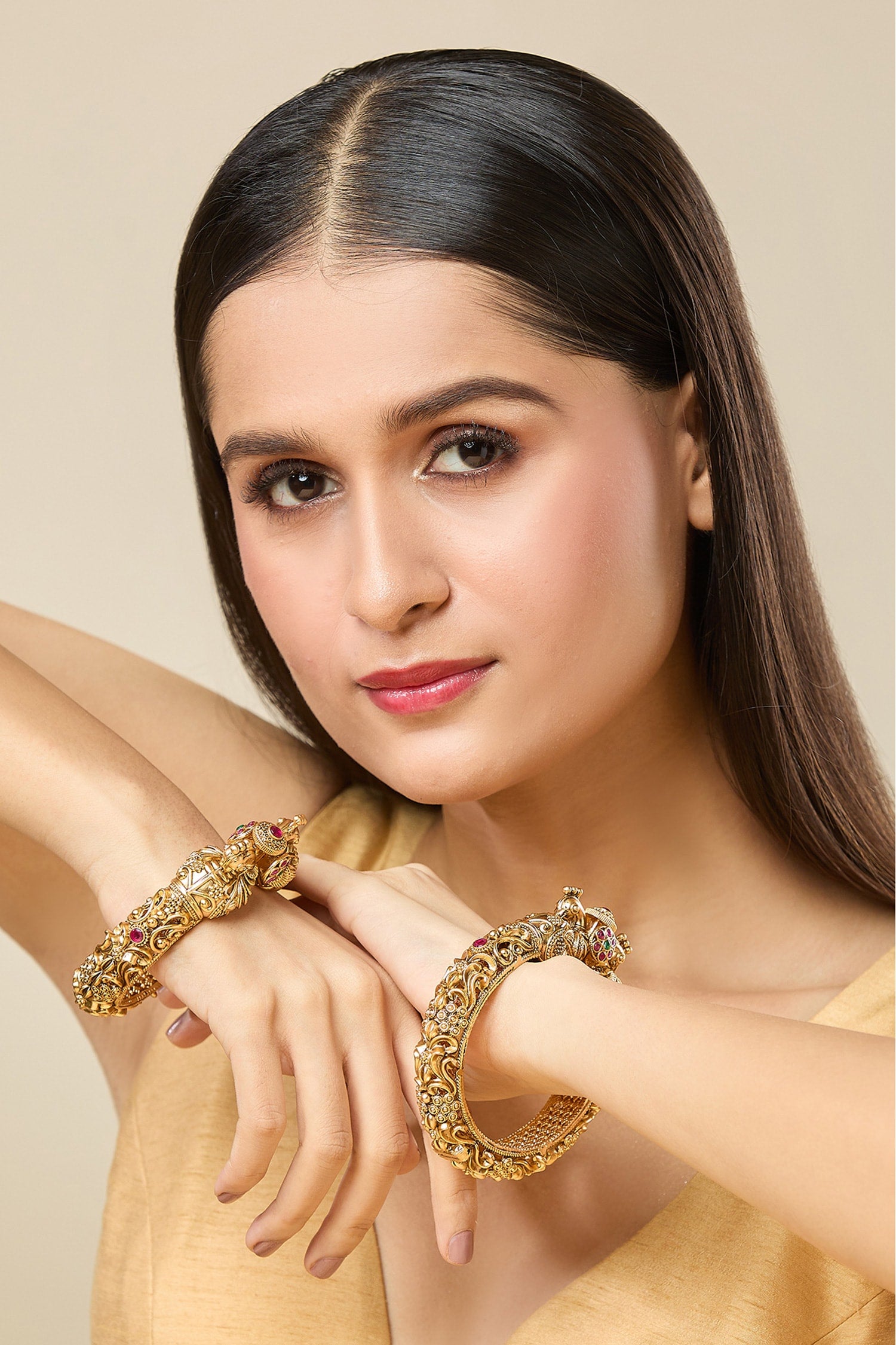 Carved Peacock Floral Bangles-Set of 2 
